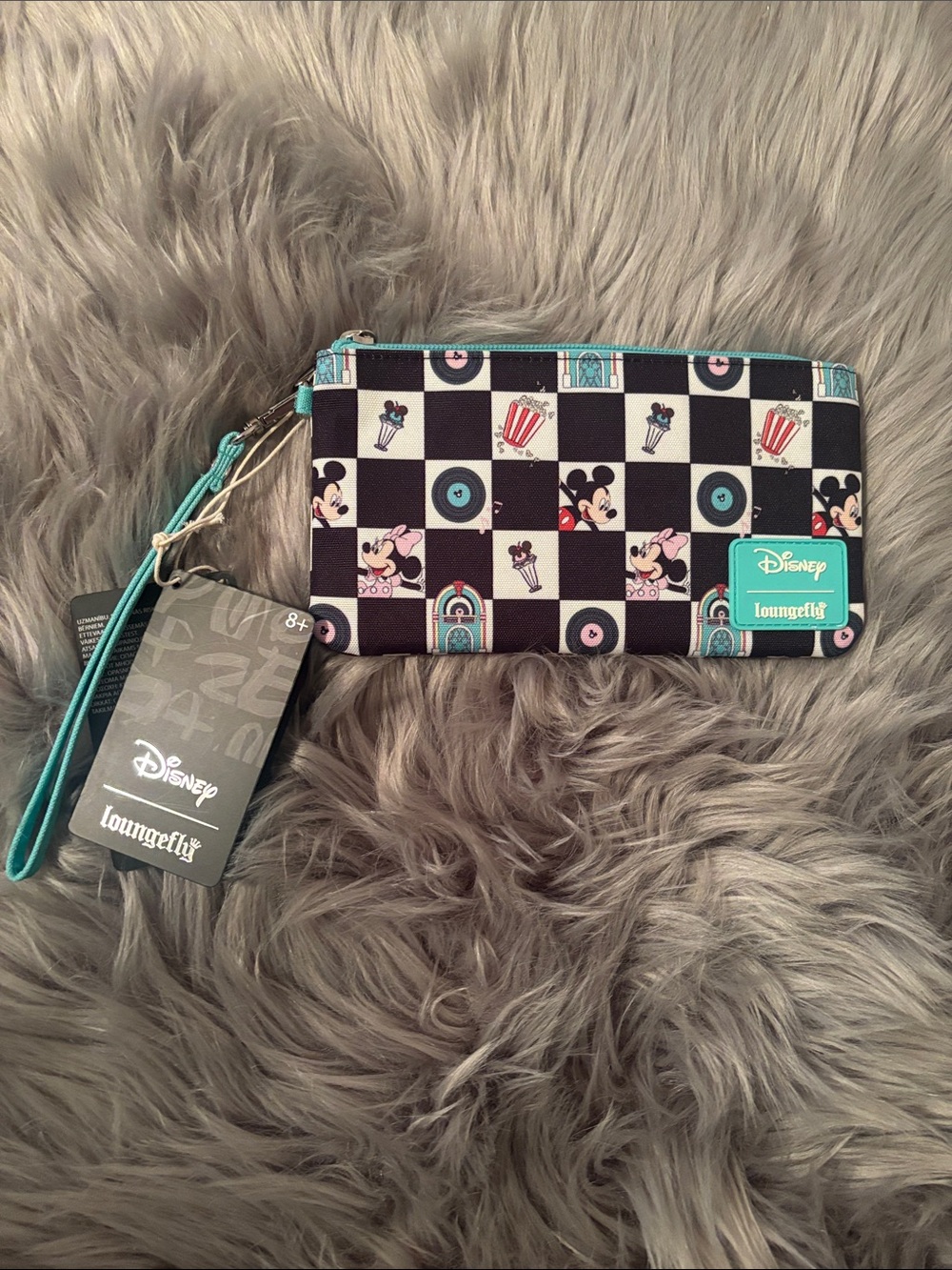Disney Loungefly Black & Teal Mickey & Minnie Checker Wristlet